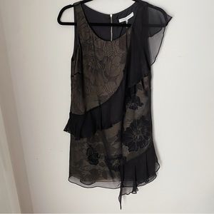 Rolando Santana Black Ruffle Floral Lindsay SS Silk Party Dress 6 S